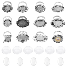 SUNNYCLUE DIY Finger Ring Making Kits, with Transparent Glass Cabochons and Vintage Adjustable Iron Finger Ring Components, Alloy Cabochon Bezel Setting, Antique Silver, Size: 7, Inner Diameter: 17mm, 11pcs/set