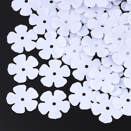 Honeyhandy Ornament Accessories, PVC Plastic Paillette/Sequins Beads, Flower, White, 13.5~14x13.5~14x0.6mm, Hole: 1.4mm, about 1000pcs/50g
