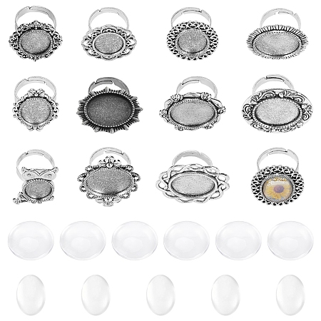 SUNNYCLUE DIY Finger Ring Making Kits, with Transparent Glass Cabochons and Vintage Adjustable Iron Finger Ring Components, Alloy Cabochon Bezel Setting, Antique Silver, Size: 7, Inner Diameter: 17mm, 11pcs/set