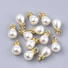 Honeyhandy High Luster ABS Plastic Imitation Pearl Pendants, with Golden Plated Iron Findings and Crystal Rhinestone, Teardrop, Golden, 15x8mm, Hole: 2.5mm