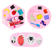 SUNNYCLUE Halloween Theme Food Grade Silicone Molds, Fondant Molds, For DIY Cake Decoration, Chocolate, Candy, Soap, UV Resin & Epoxy Resin Jewelry Making, Mixed Shapes, Pink, 85x8mm, 90x84x10mm, 110x48x11mm; 3pcs/set