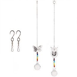 Gorgecraft Crystal Ceiling Fan Pull Chains Chakra Hanging Pendants Prism, with Cable Chains, Stainless Steel Swivel Hooks Clips and Velvet Bags, Butterfly & Owl, Colorful, 323~362mm