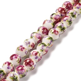 Arricraft Handmade Flower Printed Porcelain Ceramic Beads Strands, Round, HotPink, 8~8.5mm, Hole: 2mm; about 42pcs/strand, 12.9"~13.3"(33~34cm)