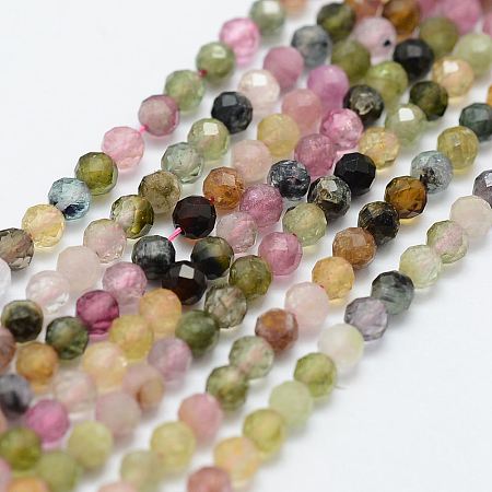 ARRICRAFT Natural Tourmaline Bead Strands, Round, Faceted, 3mm, Hole: 0.5mm, about 130pcs/strand, 15.3 inches(39cm)