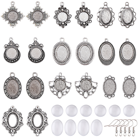 SUNNYCLUE DIY Earring Making Kits, with Transparent Clear Dome Glass Cabochons, Brass Earring Hooks and Alloy Pendant Cabochon Settings, Antique Silver & Platinum, 180pcs/set