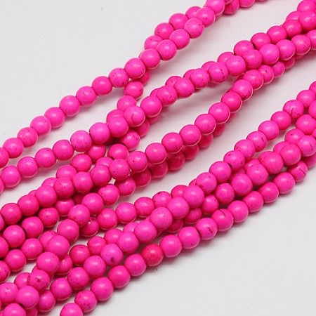 Arricraft 1 Strand Dyed Fuchsia Round Synthetic Turquoise Beads Strands, 4mm, Hole: 1mm, about 110pcs/strand, 15.6 inches