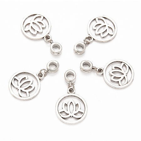 Honeyhandy Tibetan Style Alloy Large Hole European Dangle Charms, Flat Round with Yoga Lotus, Antique Silver, 36mm, Hole: 5mm