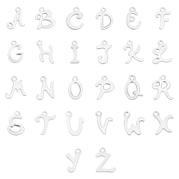 Unicraftale 304 Stainless Steel Charms, Laser Cut, Alphabet A~Z, Stainless Steel Color, 10~11x7~9x0.7mm, Hole: 1.5mm, 156pcs/box