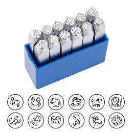 BENECREAT Iron Seal Stamps, Stamping Tools, for Leather Craft, Twelve Constellations Pattern, Platinum, 65.5x10mm; Pattern: 6mm; 12pcs/box