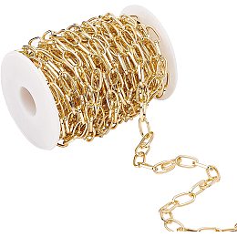 Aluminium Paperclip Chains, Flat Oval, Drawn Elongated Cable Chains, for DIY Jewelry Making, Unwelded, with Plastic Empty Spools, Light Gold, 15.5x8x1mm; 10m/set