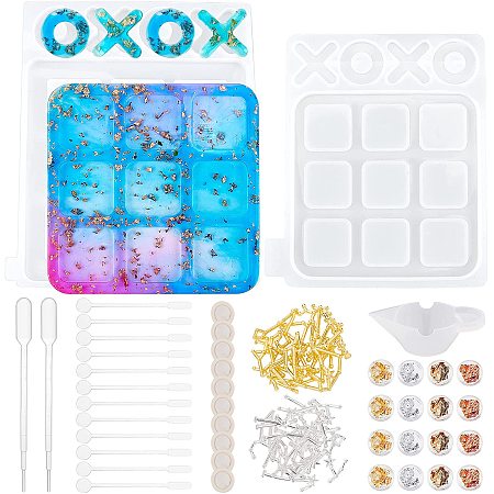 Olycraft DIY Tic Tac Toe Board Game Silicone Molds Kits, Stirring Rod,  Transfer Pipettes, Silicone Stirring Bowl, Zinc Alloy Cabochons, Nail Art Tinfoil, Mixed Color, 21.2x25x1.3cm, 1pc