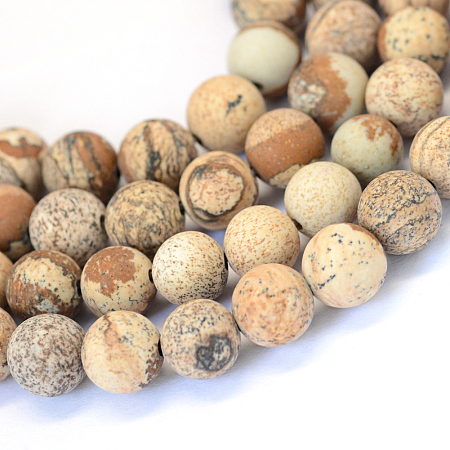 Arricraft Frosted Natural Picture Jasper Round Bead Strands, 6~6.5mm, Hole: 1mm; about 59pcs/strand, 15 inches