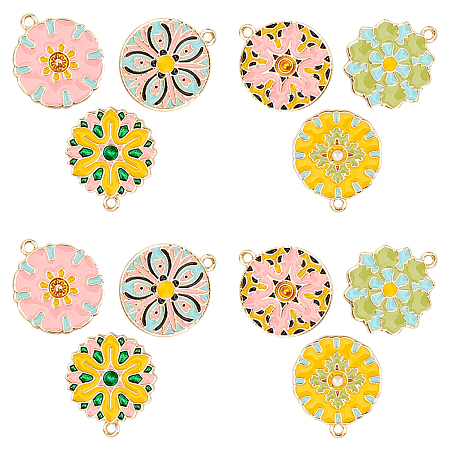 SUNNYCLUE Golden Plated Alloy Enamel Pendants, Baroque Style, Flat Round with Flower, Colorful, Mixed Color, 22.5~23x19.5~20x2~4mm, Hole: 1.6~1.8mm, 6 colors, 2pcs/color, 12pcs