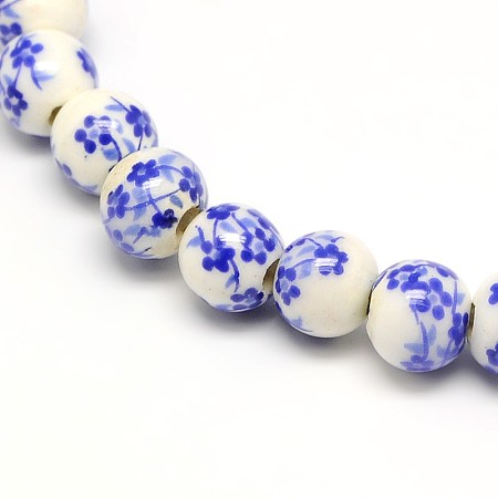 Honeyhandy Handmade Flower Printed Porcelain Ceramic Beads Strands, Round, Royal Blue, 6mm, Hole: 2mm, about 60pcs/strand, 15.1 inch