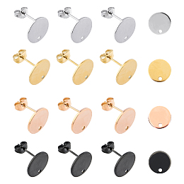 Unicraftale Vacuum Plating 304 Stainless Steel Stud Earring Findings, with Loop and Flat Plate, Flat Round, Mixed Color, 12x1mm, Hole: 1.8mm; Pin: 0.8mm, 40pcs/box