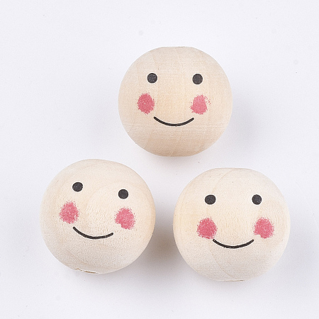 Natural Wood Beads, Large Hole Beads, Round with Smile Face, PapayaWhip, 24~25x23.5mm, Hole: 5.5mm; about 50pcs/bag