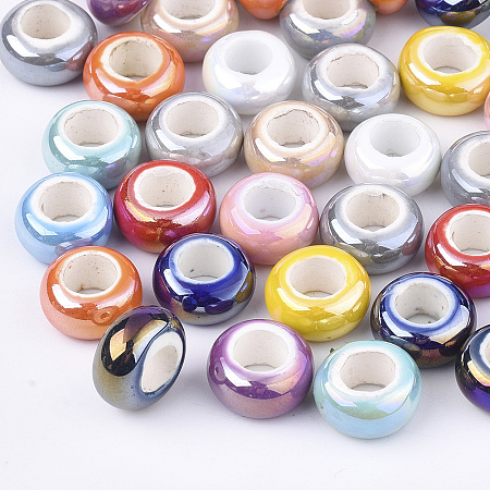 Honeyhandy Electroplate Porcelain Beads, Large Hole Beads, AB Color Plated, Rondelle, Mixed Color, 12~13x6.5mm, Hole: 6mm