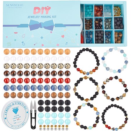 SUNNYCLUE 1 Box DIY Stretch Bracelet Beading Kits Lava Rock Bead Planet Solar System Beads 6mm Jewelry Loose Spacer Beads with Elastic Crystal Thread Steel Scissors for Jewellery Bracelet Making