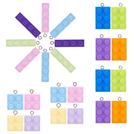 SUNNYCLUE Plastic Pendants, with Iron Loop, Building Blocks, Mixed Shapes, Mixed Color, 28~28.5x14.5~15.5x11.5mm, Hole: 2mm, 48pcs/set