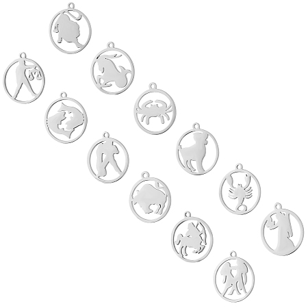 UNICRAFTALE 201 Stainless Steel Pendants, Twelve Constellation, Stainless Steel Color, 20.5x18x1mm, Hole: 1.5mm; 12pcs/box