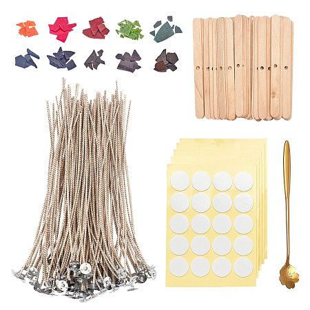 PANDAHALL ELITE Candle Making Kits, with Candle Wick, Birch Wood Craft Sticks, Wax Dye Paints, Double-faced Self-adhesive Paper Stickers and Sakura Shape 410 Stainless Steel Spoons, Mixed Color