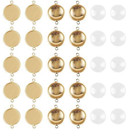 ARRICRAFT DIY Link Making Kits,include Flat Round Brass Cabochon Connector Settings, Plain Edge Bezel Cups and Transparent Glass Cabochons, Lead Free & Cadmium Free & Nickel Free, Golden, Setting: Tray: 14x1.5mm; 21.5x16x2.5mm, Hole: 1.5mm, 30pcs/box
