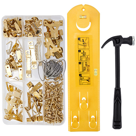 Gorgecraft Iron Nail Wall Hook Finding Sets, with Steel Wire, Screw, Nails, Sawtooth Hangers, Picture Hanging Tool, Mini Claw Hammer, Golden