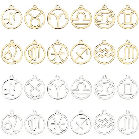 SUNNYCLUE 304 Stainless Steel Pendants, Manual Polishing, Ring with Twelve Constellations, Golden & Stainless Steel Color, 18x16x1.5mm, Hole: 1.6mm; 24pcs/box