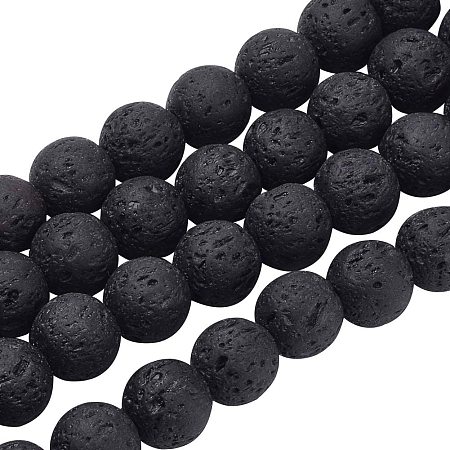 Olycraft Natural Lava Beads Strands, Black, Round, 8mm, Hole: 1mm; about 47pcs/strand, 15 inches