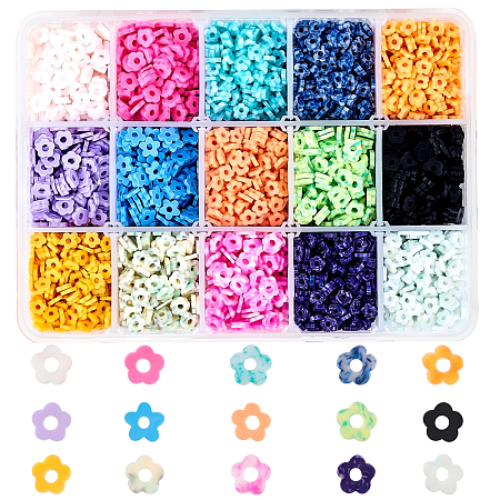 Handmade Polymer Clay Bead Strands, Flower, Mixed Color, 4~6x4~6x1~1.5mm, Hole: 2mm; 15colors, about 430pcs/color, 6450pcs/box
