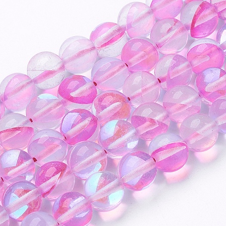 ARRICRAFT Synthetic Moonstone Beads Strands, Holographic Beads, Round, Hot Pink, 8mm, Hole: 0.8~1mm, about 47~50pcs/strand, 14.7 inches~15.1 inches