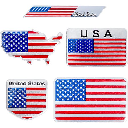 FINGERINSPIRE Aluminium Alloy United States American Flag Decal, Car Waterproof Badge Sticker, for Any Vehicle, Colorful, 1.4~5x5.05~9.65x0.15cm; 10pcs/box