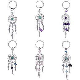 Natural Gemstone Chip Keychain, with Alloy Pendants and 316 Surgical Stainless Steel Key Ring, Woven Net/Web with Feather, Antique Silver & Platinum, 107mm; 118mm; 12pcs/box