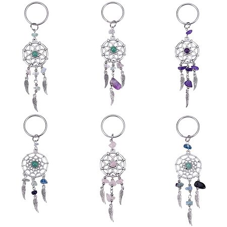 Natural Gemstone Chip Keychain, with Alloy Pendants and 316 Surgical Stainless Steel Key Ring, Woven Net/Web with Feather, Antique Silver & Platinum, 107mm; 118mm; 12pcs/box
