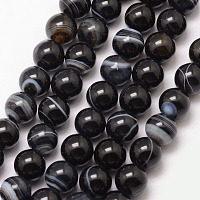 Arricraft Natural Striped Agate/Banded Agate Bead Strands, Round, Grade A, Dyed & Heated, Black, 8mm, Hole: 1mm, about 47pcs/strand, 15 inches
