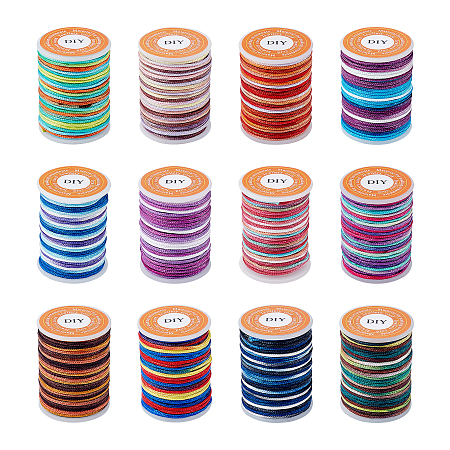Segment Dyed Polyester Thread, Braided Cord, Mixed Color, 1mm; about 5m/roll, 12 colors, 1roll/color, 12rolls/set