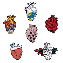 SUNNYCLUE Creative Zinc Alloy Brooches, Enamel Lapel Pin, with Iron Butterfly Clutches or Rubber Clutches, Electrophoresis Black Color, Anatomical Heart Shape, Mixed Color, 6pcs/box