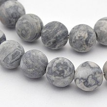 Arricraft Natural Map Stone/Picasso Stone/Picasso Jasper Beads Strands, Round, Frosted, Dark Gray, 10mm, Hole: 1mm, about 38pcs/strand, 15.3 inches