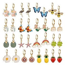 SUNNYCLUE DIY Earring Making, with Brass Huggie Hoop Earring Findings and Alloy Enamel Pendants, Mixed Shapes, Mixed Color, 16x14mm, Hole: 2mm