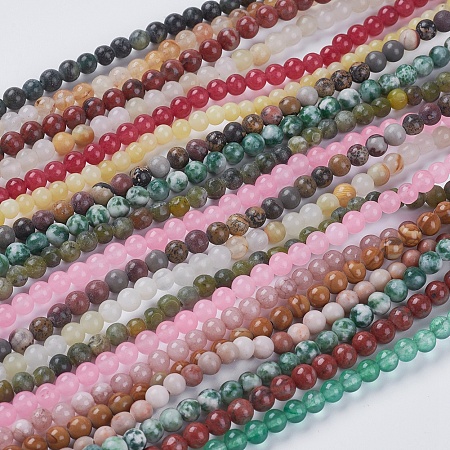 ARRICRAFT Natural Mixed Gemstone and Dyed Jade Beads Strands, Round, Mixed Color, 4mm, Hole: 1mm, about 95pcs/strand, 15.5 inches