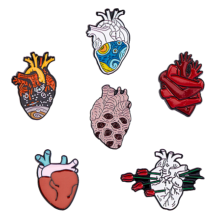 SUNNYCLUE Creative Zinc Alloy Brooches, Enamel Lapel Pin, with Iron Butterfly Clutches or Rubber Clutches, Electrophoresis Black Color, Anatomical Heart Shape, Mixed Color, 6pcs/box