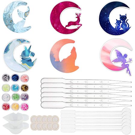 DIY Crescent Pendant Silicone Molds Kits, for UV Resin, Epoxy Resin, Desktop Decorations Making, with Latex Finger Cots, Plastic Measuring Cup & Pipettes, Mixed Color, 127x101x10mm; Inner Diameter: 120x97mm