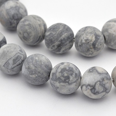 Arricraft Natural Map Stone/Picasso Stone/Picasso Jasper Beads Strands, Round, Frosted, Dark Gray, 10mm, Hole: 1mm, about 38pcs/strand, 15.3 inches