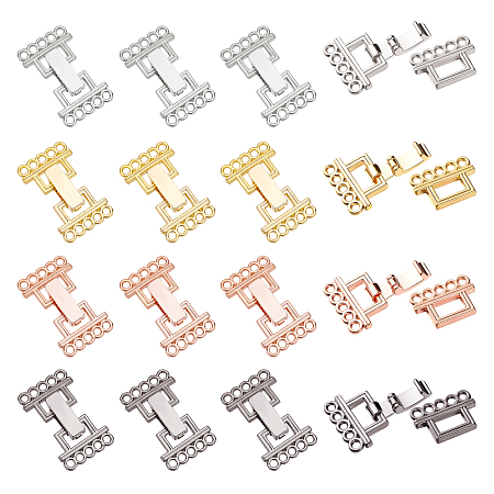 5 Strands Alloy and Brass Fold Over Clasps, 10-Hole, Mixed Color, 24x16.5x5mm, Hole: 2mm; 4 colors, 6sets/color, 24sets/box
