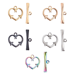 Unicraftale Vacuum Plating 304 Stainless Steel Toggle Clasps, Heart, Mixed Color, Heart: 15x15.5x2mm, Hole: 1.6mm; Bar: 21x6x2.5mm, Hole: 1.5mm, 5 colors, 1set/color, 5sets/box