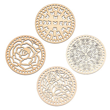 AHANDMAKER Wooden Basket Bottoms, Crochet Basket Base, for Basket Weaving Supplies and Home Decoration Craft, Flat Round with Flower, BurlyWood, 139.5x5mm, Hole: 6mm; 4 styles, 1pc/style, 4pcs/set