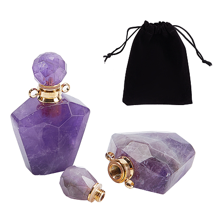 NBEADS Faceted Natural Amethyst Openable Perfume Bottle Pendants, with Golden Tone 304 Stainless Steel Findings, 37.5x23x13.5mm, Hole: 1.8mm; Capacity: about 2ml(0.06 fl. oz), 2pcs/bag