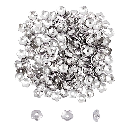 Unicraftale 304 Stainless Steel Bead Caps, Flower, 5-Petal, Stainless Steel Color, 4x1.5mm, Hole: 1mm; 200pcs/box