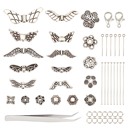 DIY Wing Pendant Making Kits, include Tibetan Style Alloy Beads & Bead Caps & Lobster Claw Clasps, Iron Jump Rings & Pins, 304 Stainless Steel Beading Tweezers, Antique Silver & Platinum