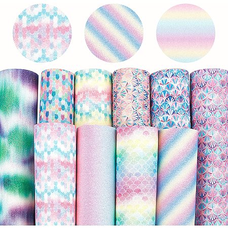 Mermaid Fish Scale & Stripe Pattern PU Leather Fabric, Self-adhesive Fabric, for Hair Accessories Bag Making DIY Crafts, Mixed Color, 30x20x0.1cm; 10 colors, 1sheet/color, 10sheets/set